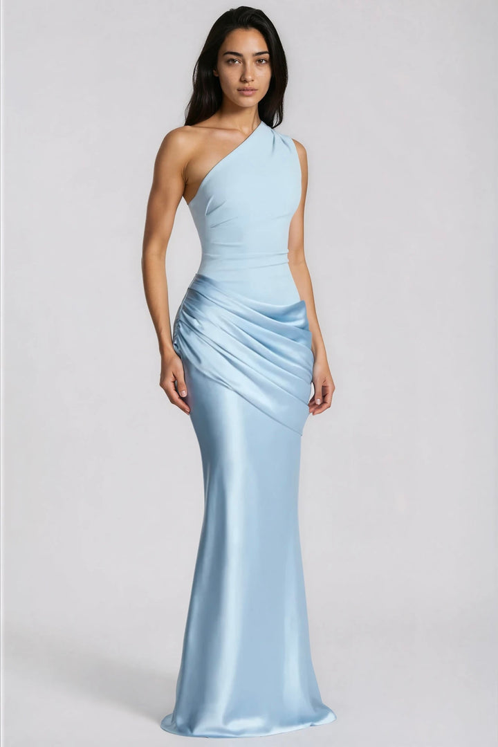One-Shoulder Satin Maxi Dress with Draped Waist for Formal Events 3