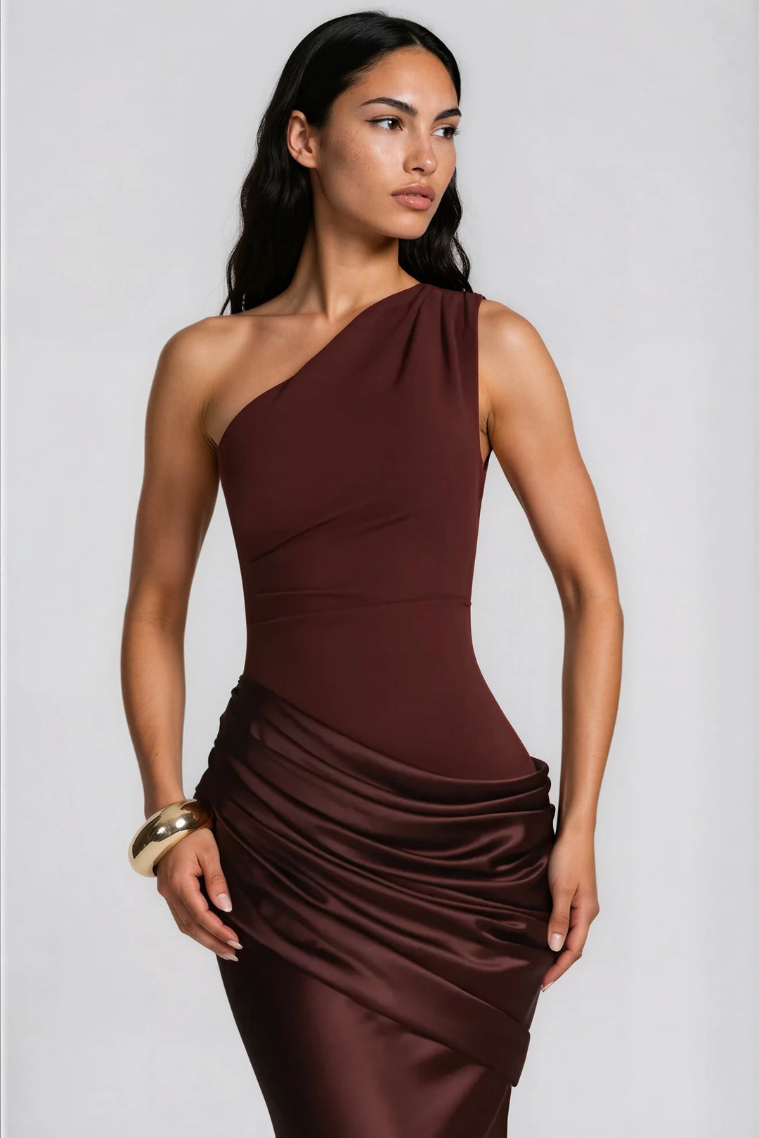 One-Shoulder Satin Maxi Dress with Draped Waist for Formal Events 9