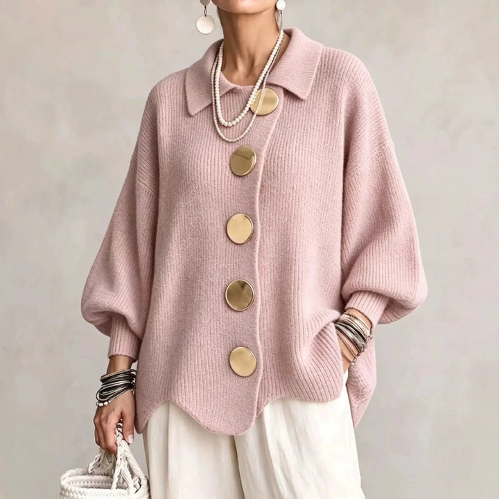 Oversized Scalloped Hem Cardigan with Gold Tone Buttons and Pointed Collar 6