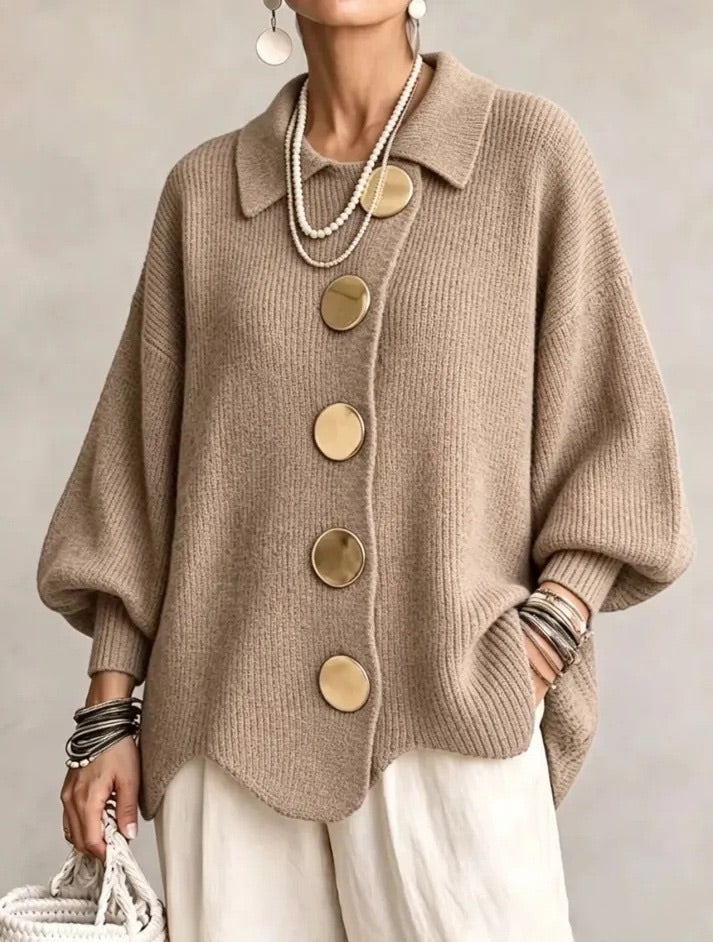 Oversized Scalloped Hem Cardigan with Gold Tone Buttons and Pointed Collar 7