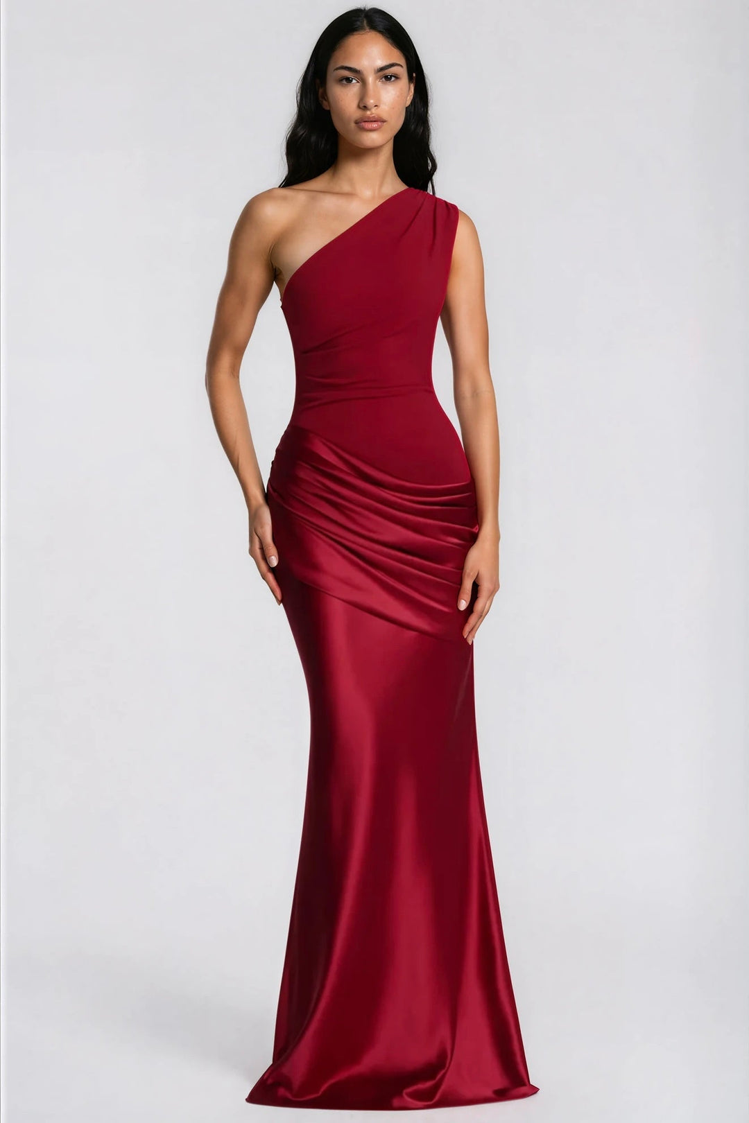One-Shoulder Satin Maxi Dress with Draped Waist for Formal Events 34
