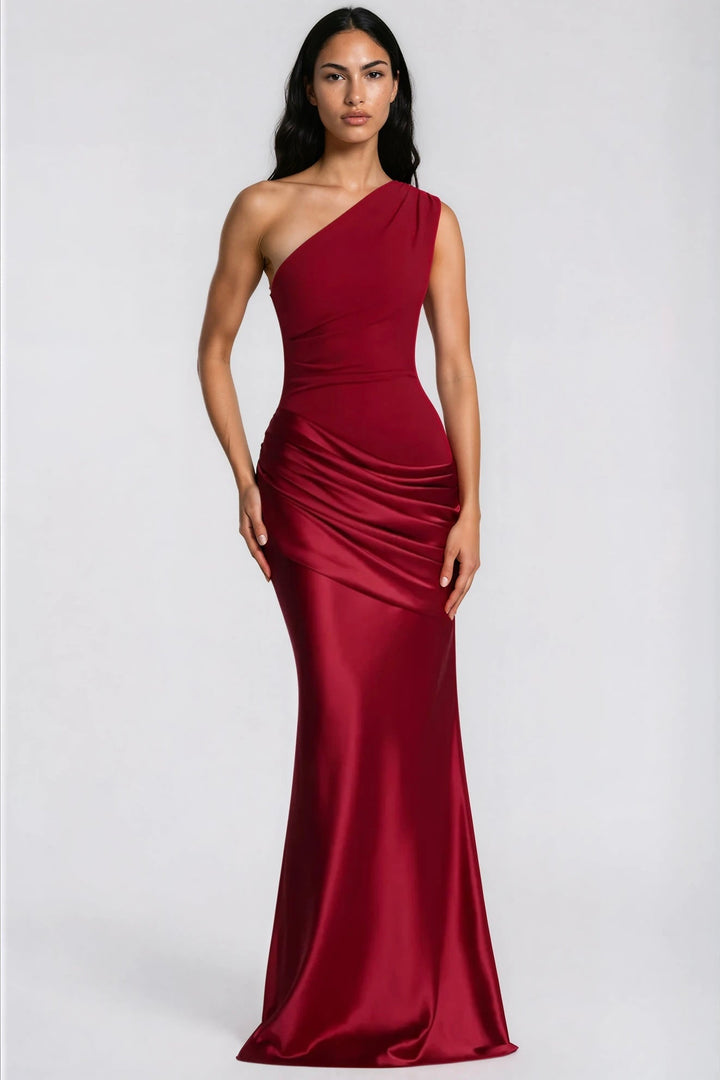 One-Shoulder Satin Maxi Dress with Draped Waist for Formal Events 34