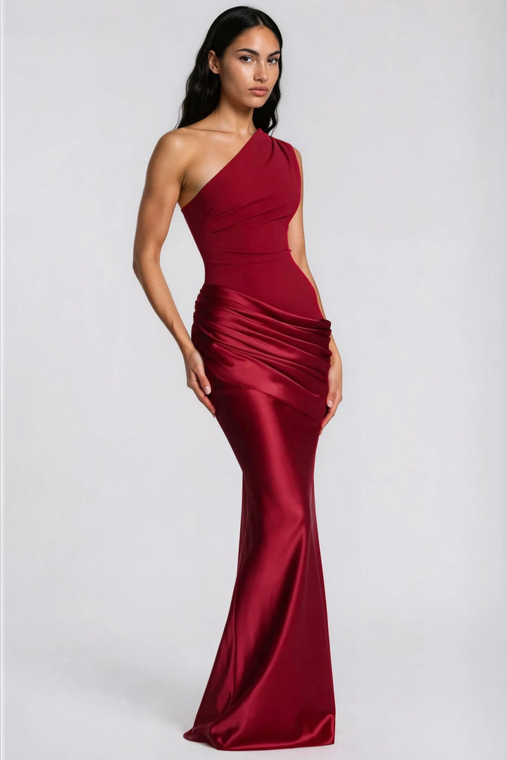 One-Shoulder Satin Maxi Dress with Draped Waist for Formal Events 36