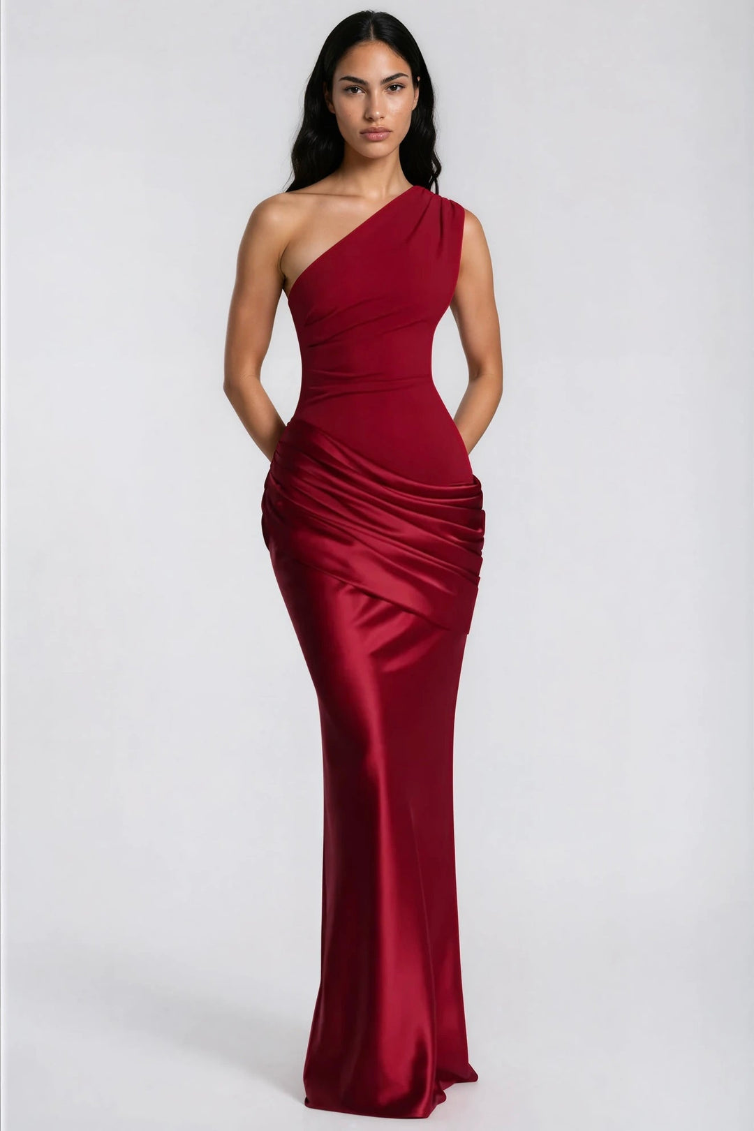 One-Shoulder Satin Maxi Dress with Draped Waist for Formal Events 37
