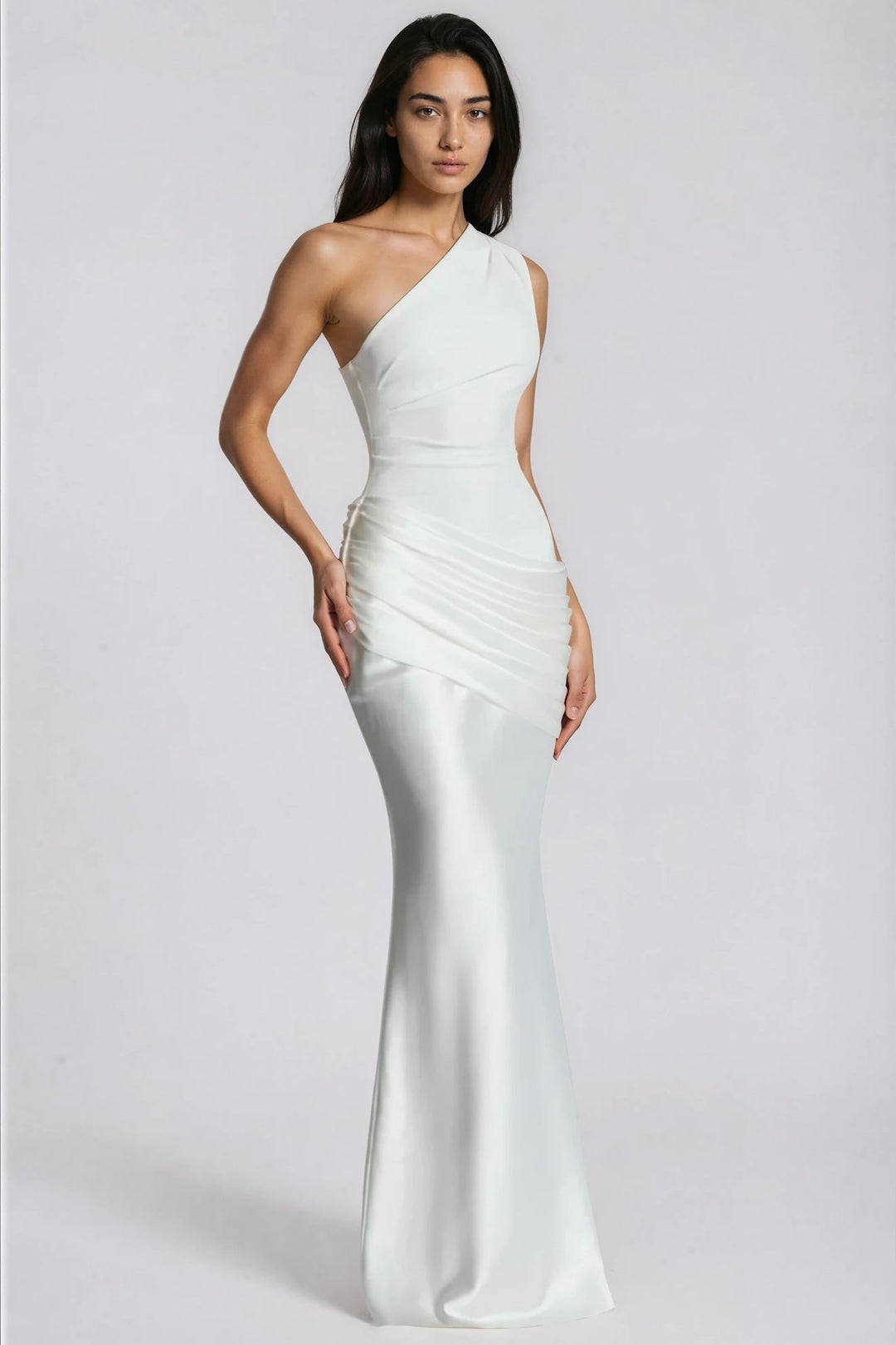 One-Shoulder Satin Maxi Dress with Draped Waist for Formal Events 11
