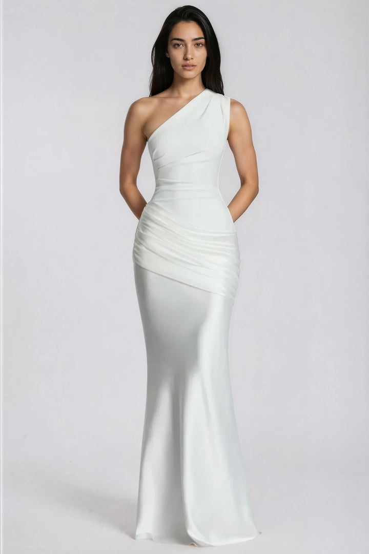 One-Shoulder Satin Maxi Dress with Draped Waist for Formal Events 12