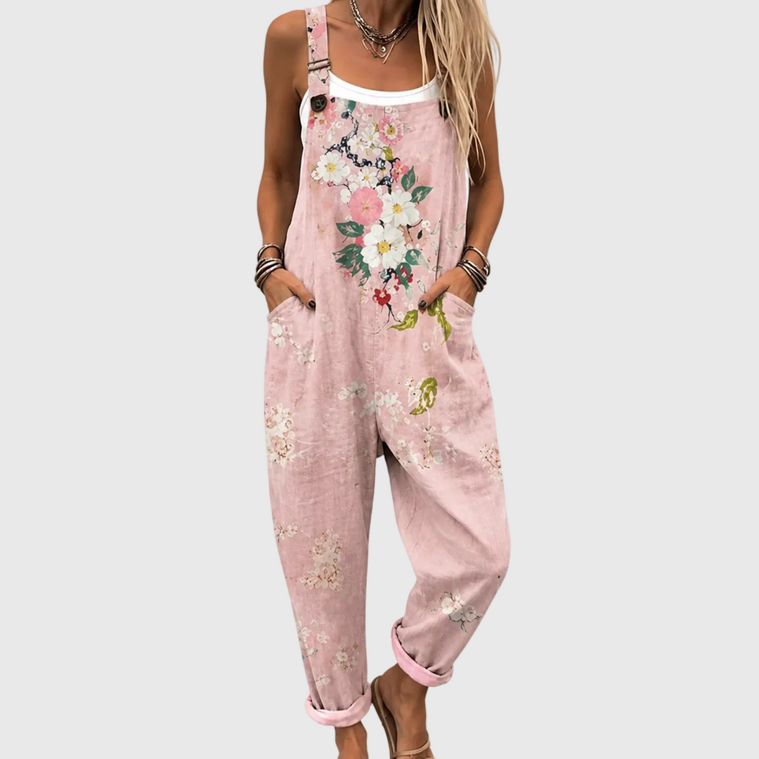 Pink Floral Print Overalls with Adjustable Straps and Side Pockets 1