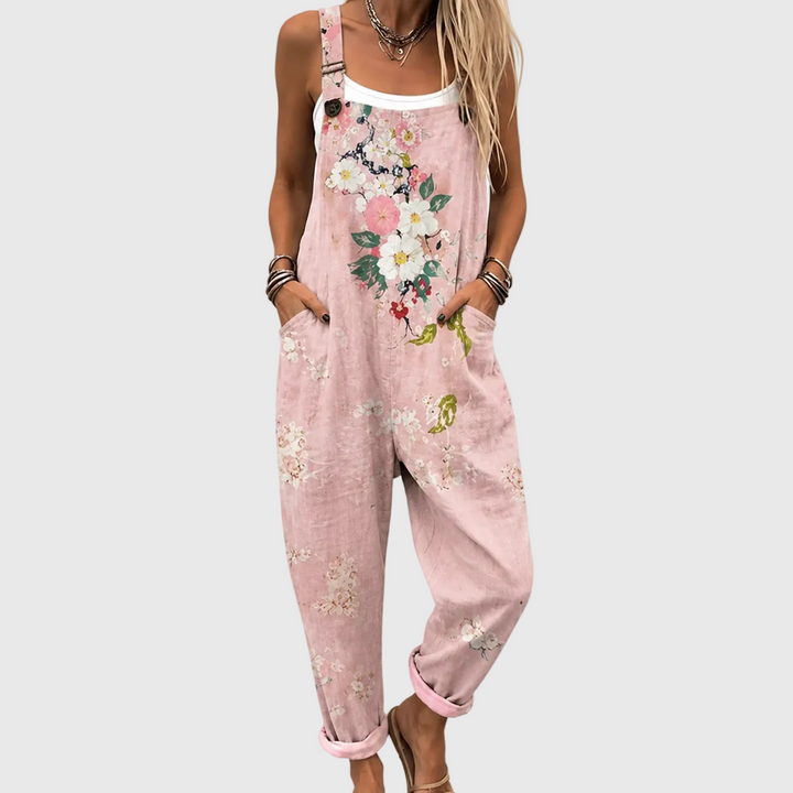 Pink Floral Print Overalls with Adjustable Straps and Side Pockets 1