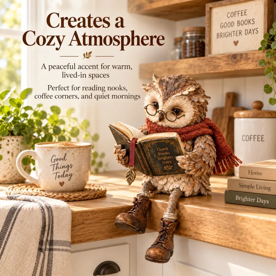 Reading Owl Decorative Figurine with Glasses, Book and Scarf - Cozy Gift for Book Lovers 6