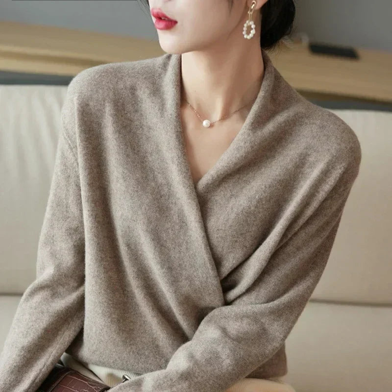 Women's Elegant Cashmere Wrap Front Sweater 8