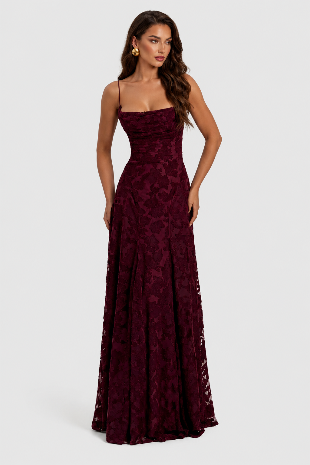 Raised 3D Floral Lace A-Line Midi-Maxi Dress with Draped Neckline 20