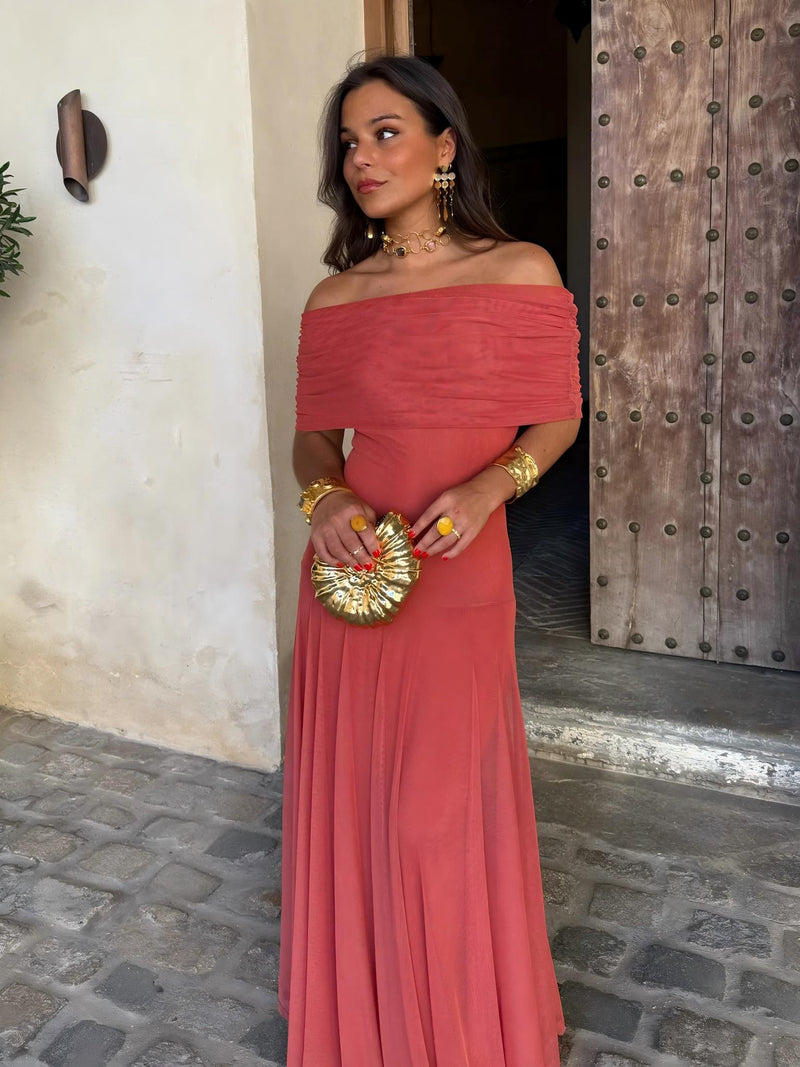 Elegant One-Shoulder Mesh Maxi Dress with Flowing Skirt 7