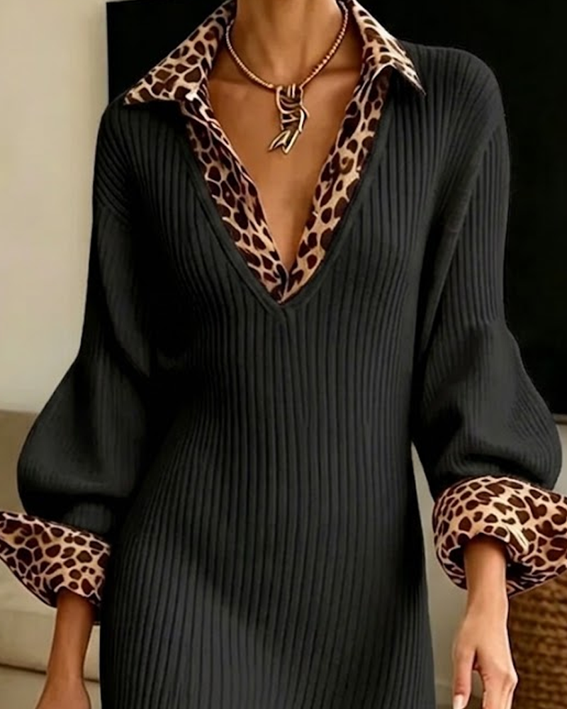 Layered-Look Leopard Print Knit Dress with V-Neck and Long Sleeves 6