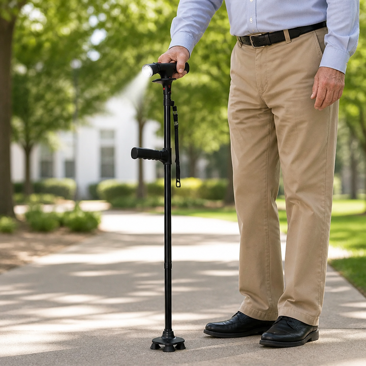Lightweight Foldable Walking Cane with 4-Point Base, LED Light and Alarm 3