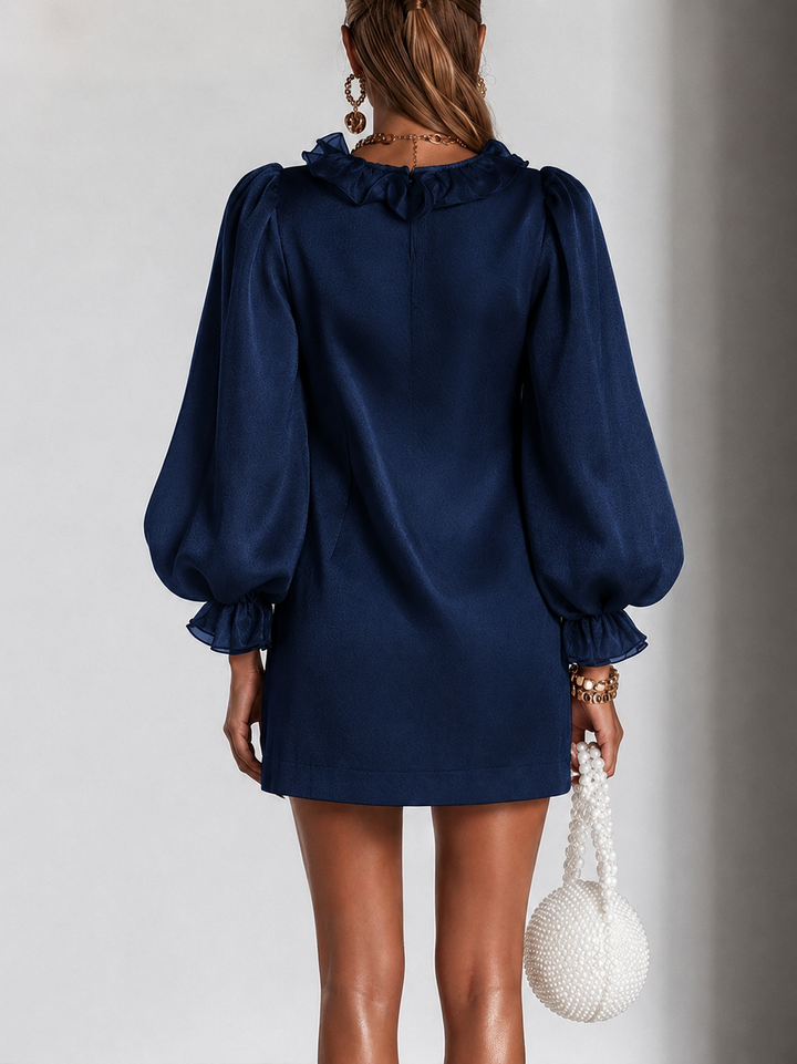 Elegant Ruffled Mini Dress with Puff Sleeves and Subtle Shimmer 7