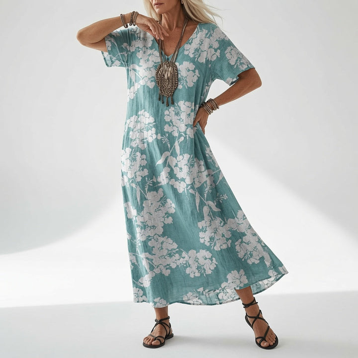 Floral Midi Summer Dress with V-Neck, Short Sleeves and Flowing Cut 4