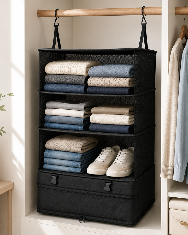 Foldable Hanging Travel Shelf Organizer with 3 Shelves and Zip Pocket 10