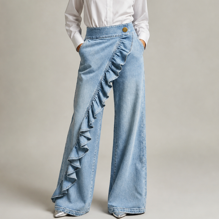 Women's Wide Denim Pants with Asymmetric Ruffle, Culotte Style 4