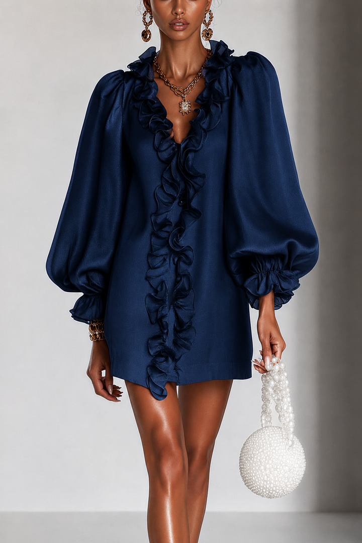 Elegant Ruffled Mini Dress with Puff Sleeves and Subtle Shimmer 2