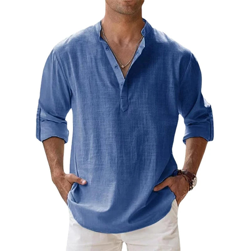 Men's Linen Henley Shirt, Relaxed Fit Button Neck Summer Top 2
