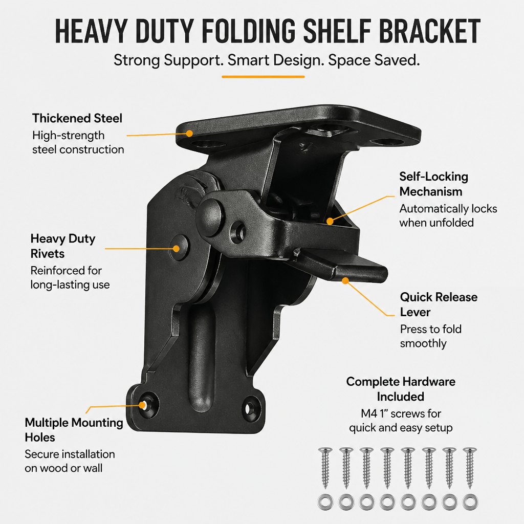 Heavy-Duty Folding Bracket, 500 lb Capacity, Self-Locking Steel, Space-Saving 3