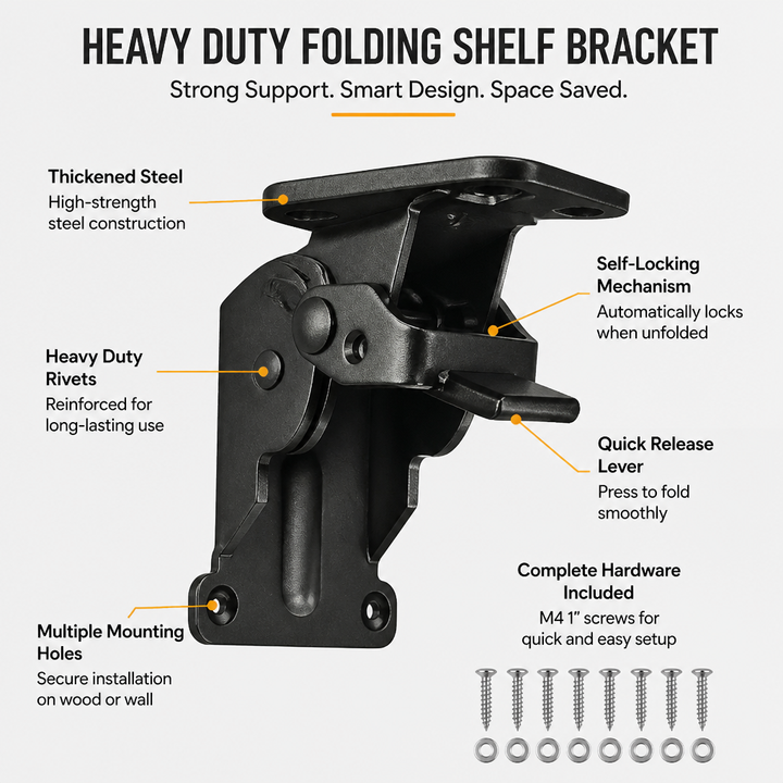 Heavy-Duty Folding Bracket, 500 lb Capacity, Self-Locking Steel, Space-Saving 3