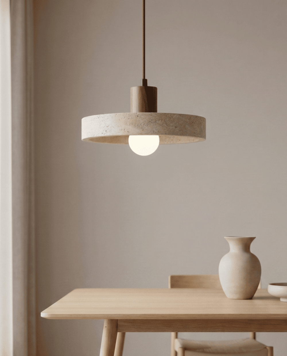Yellow Travertine Pendant Light with Solid Wood Accent 2