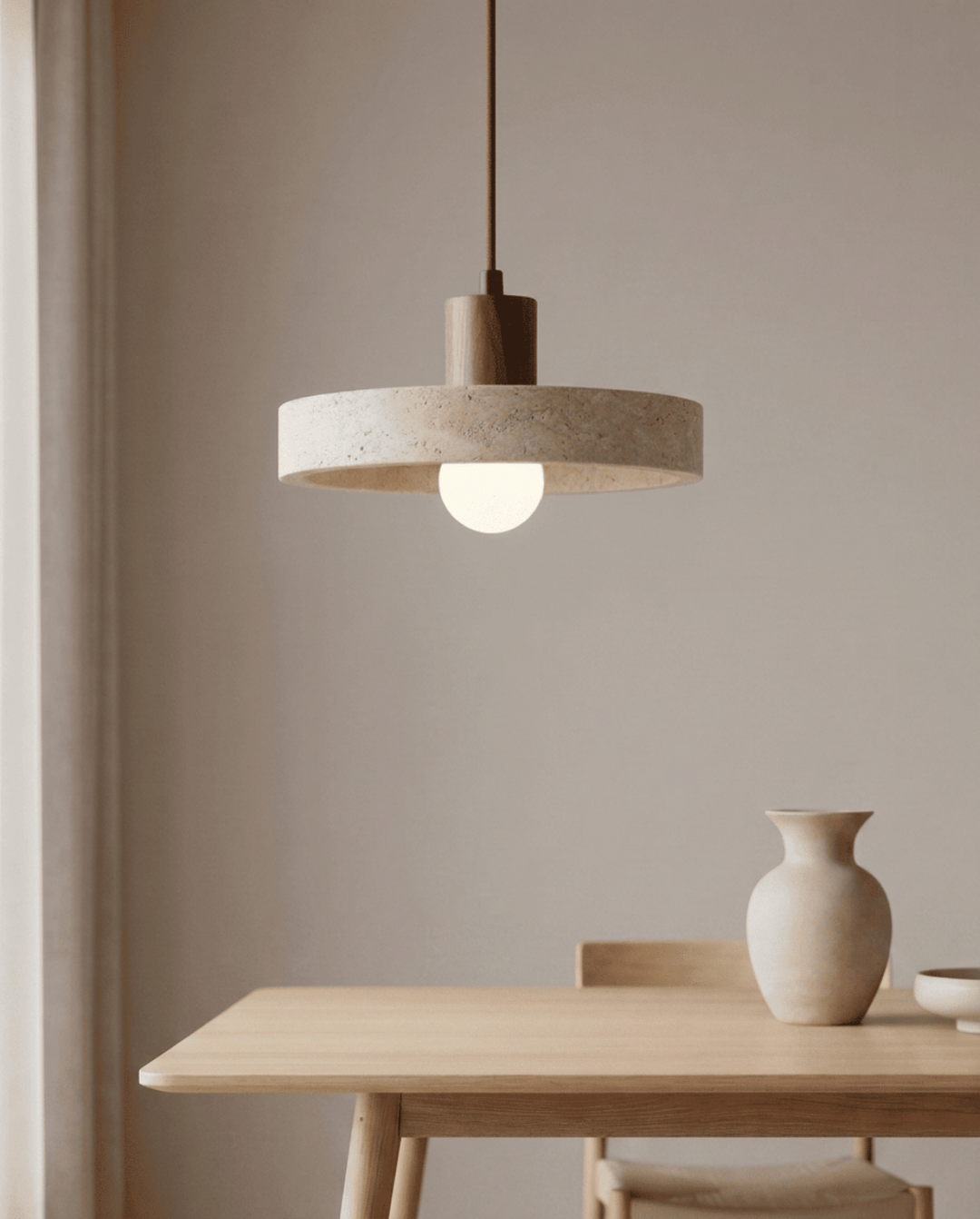 Yellow Travertine Pendant Light with Solid Wood Accent 2