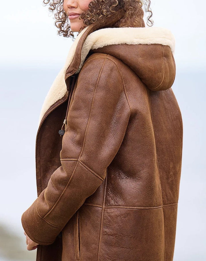 Women's Classic Winter Coat with Soft Lining, Brown, Suede-Look Fabric 2