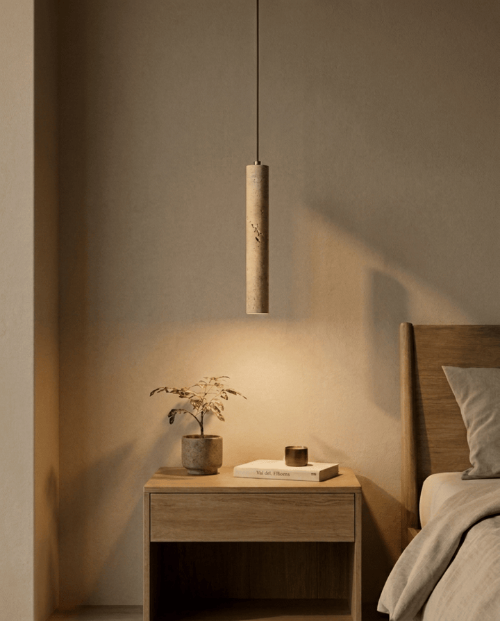 Yellow Travertine Pendant Lamp, Wabi-Sabi Cylinder Design 2