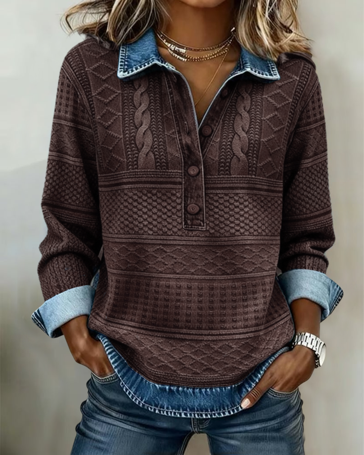 Women's Patterned Sweatshirt with Shirt Collar and Button Front 3