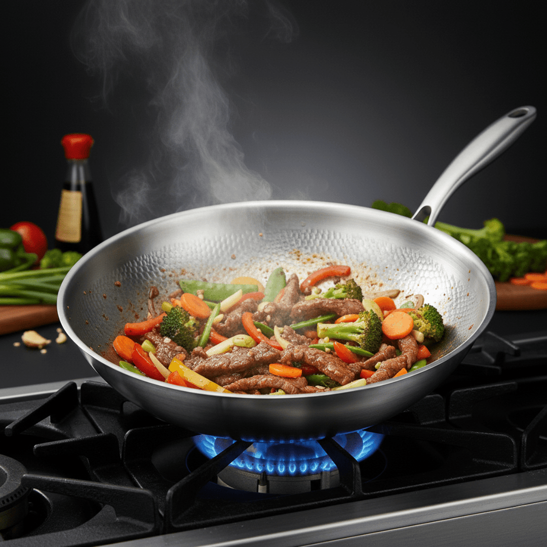 Hammered Titanium Wok Pan with Flat Base, Uncoated and Chemical-Free 6