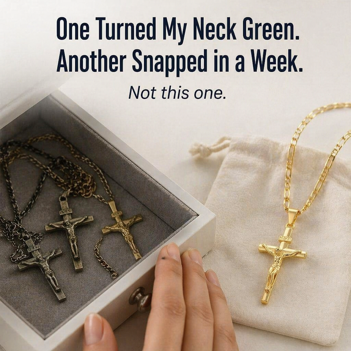 Gold Crucifix Necklace Set with INRI Inscription and Figaro Chain, 2-Pack 3