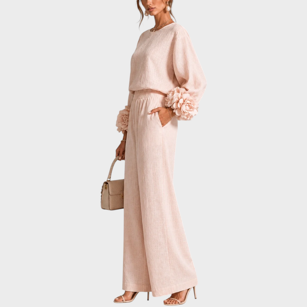 Floral Two-Piece Set with Embellished Top and Wide-Leg High-Waist Pants 9