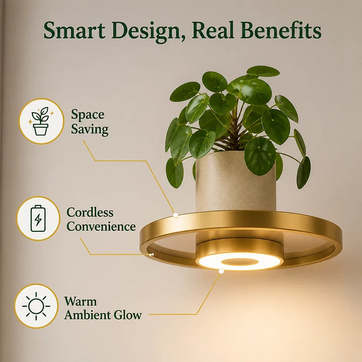 Floating Wall Shelf with Warm LED Light, Rechargeable USB, Gold Finish 3