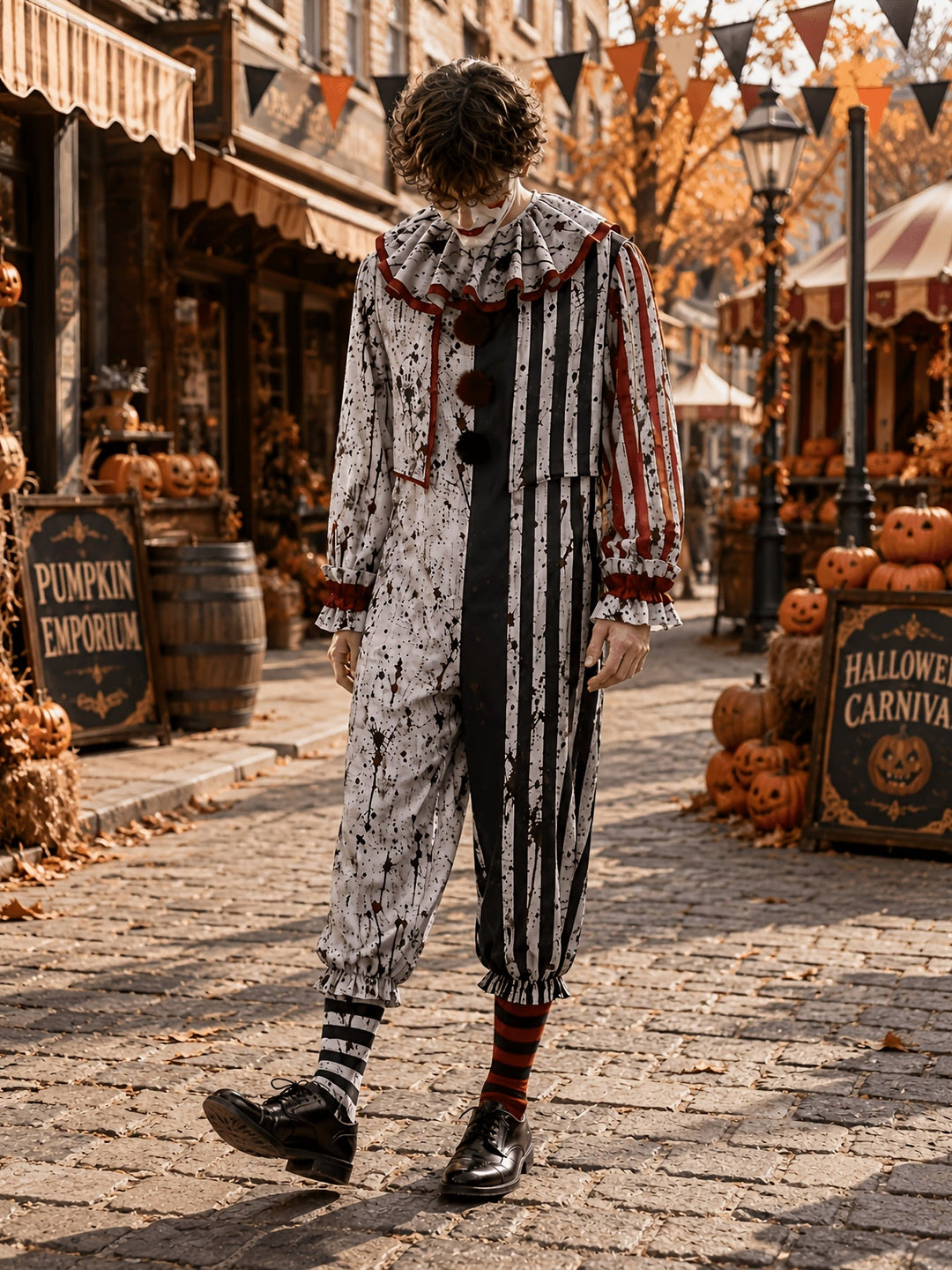 Men's Halloween Horror Clown Jumpsuit Costume with Ruffled Collar 4