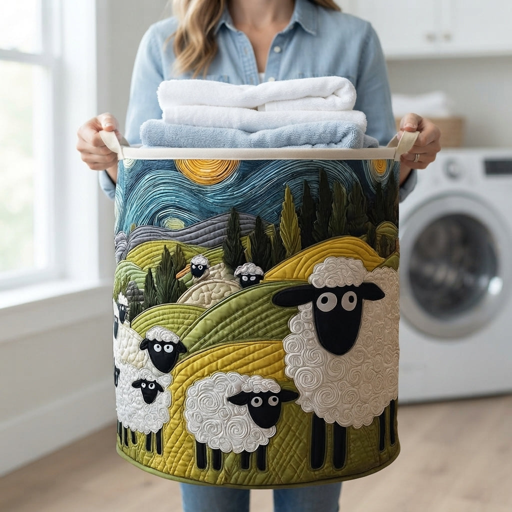Quilted Laundry Basket with Lamb Meadow Print and Sturdy Handles 4