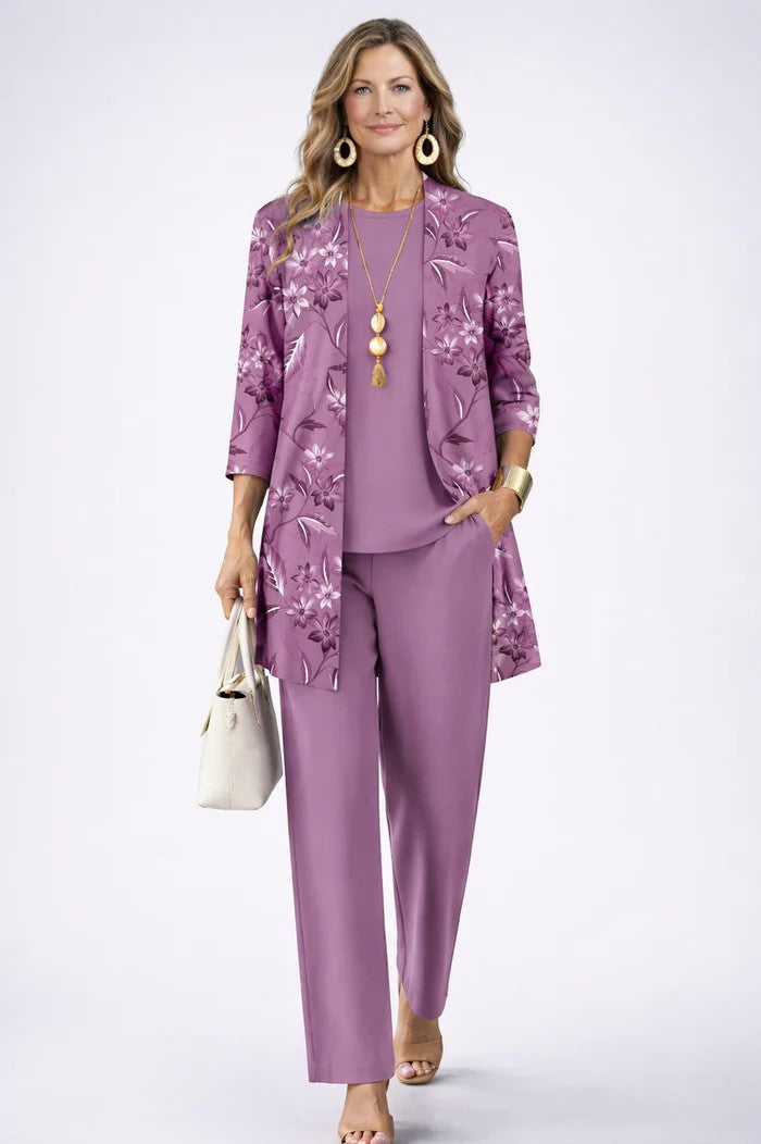 Women's 3-Piece Set with Printed Open Cardigan, Tee and Wide Pants 4