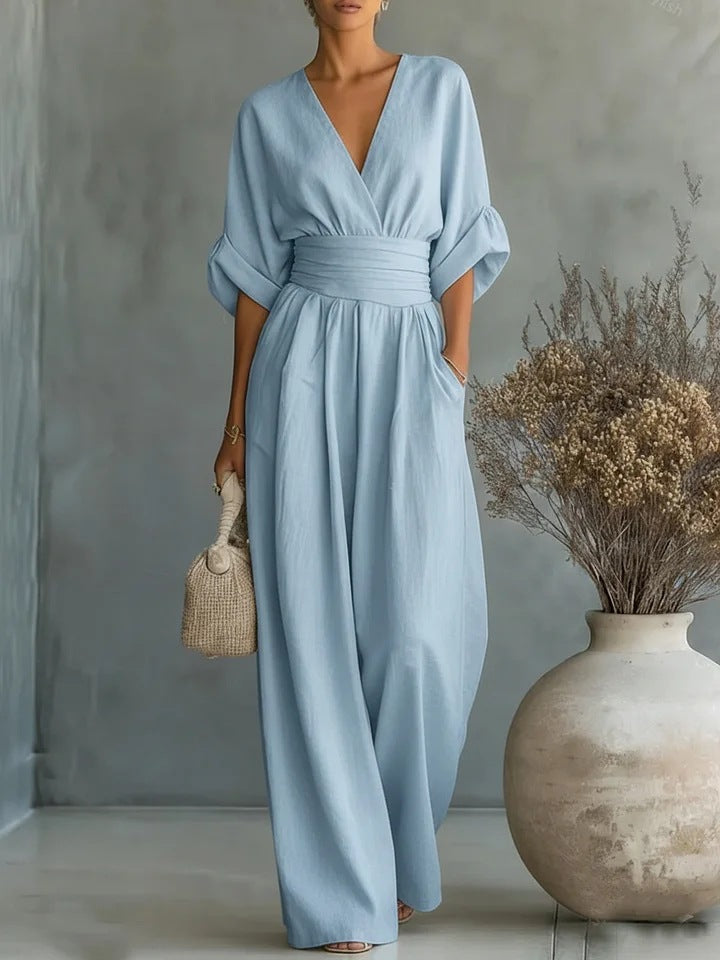 Women's Elegant Wide-Leg Jumpsuit with V-Neck Flowy Fit 4