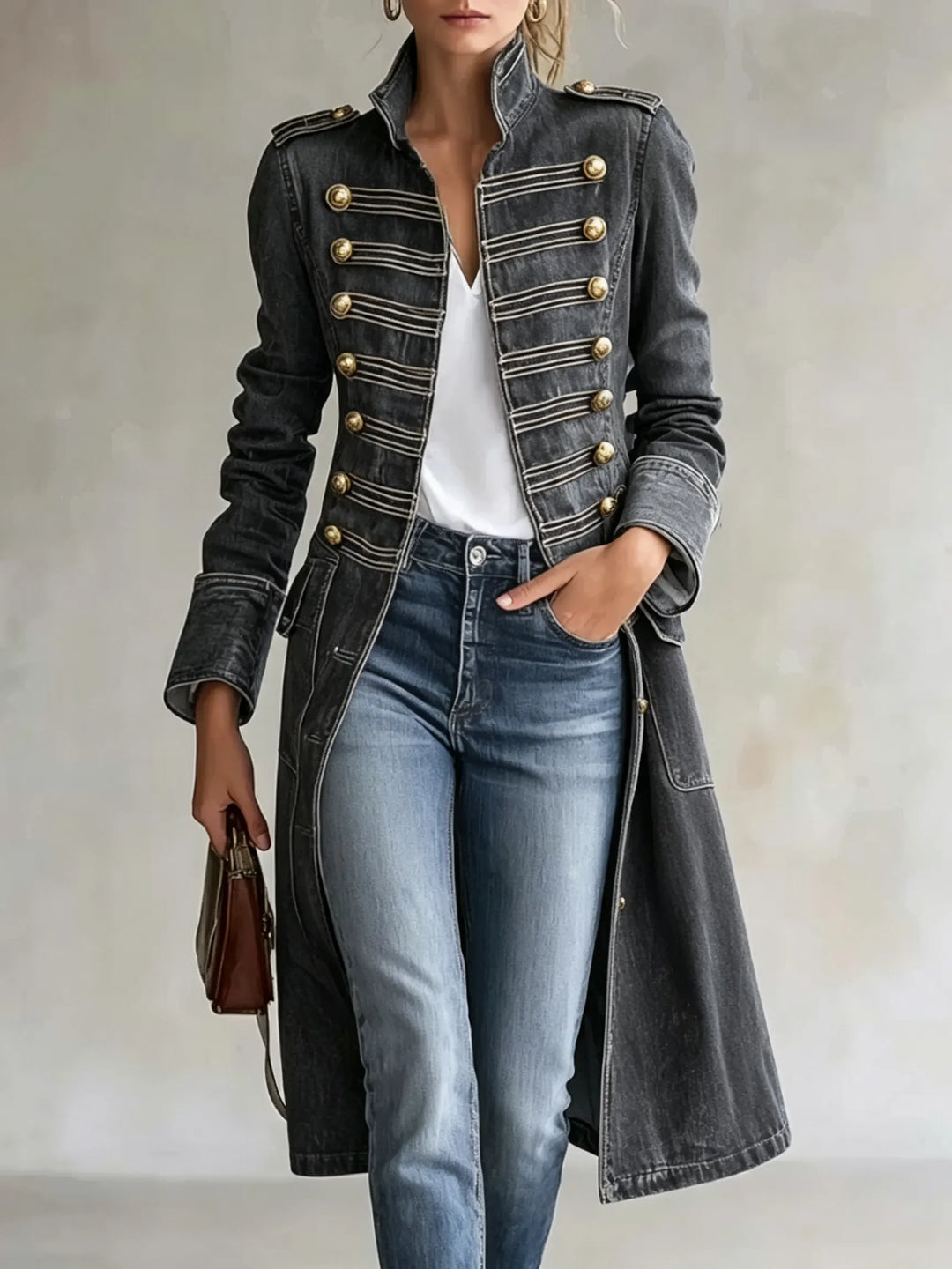 Women's Long Military Style Double-Breasted Coat with Officer Collar 10