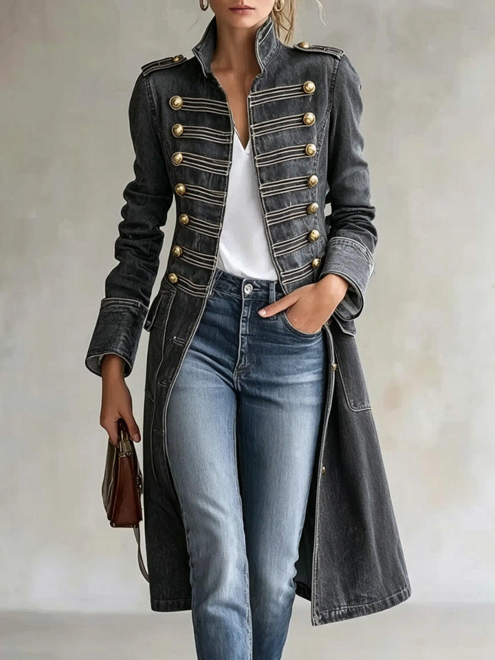 Women's Long Military Style Double-Breasted Coat with Officer Collar 10