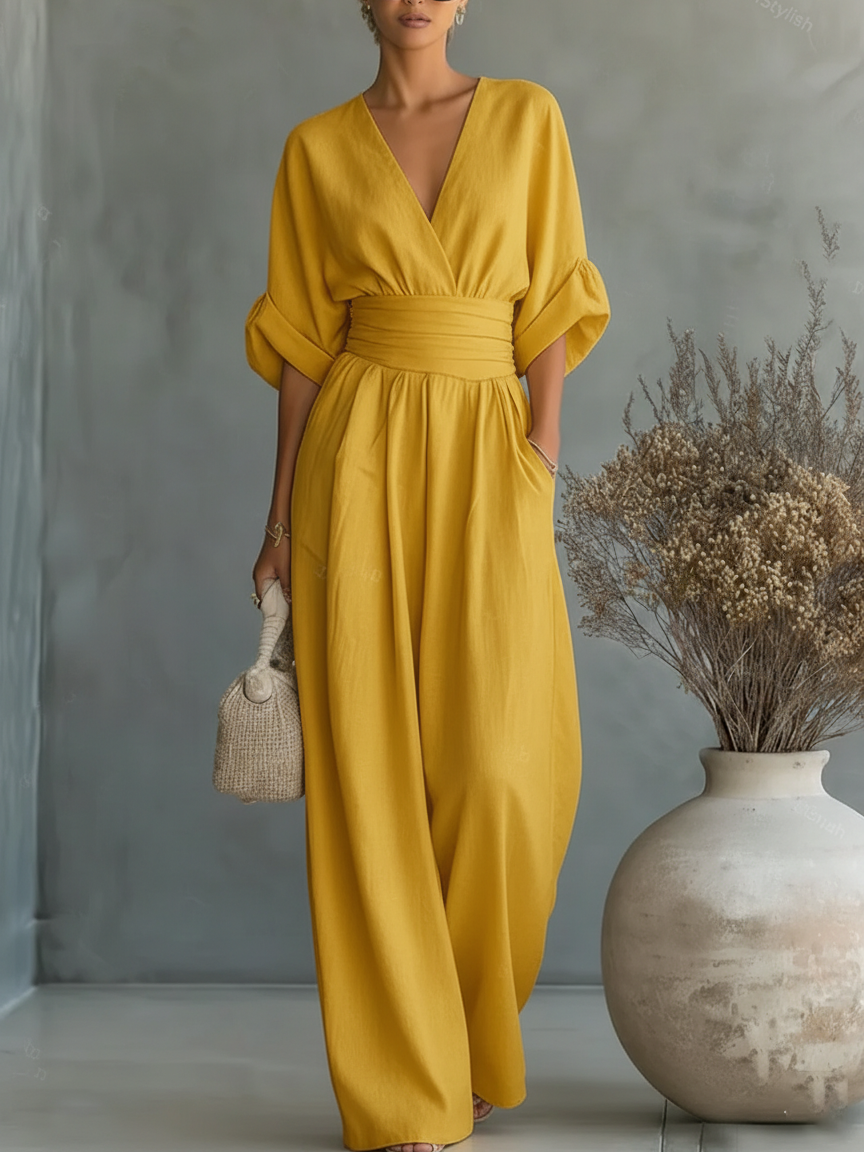 Elegant V-Neck Jumpsuit with High Waist and Wide-Leg Cut 5