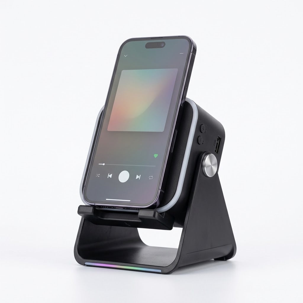 Place-and-Play Phone Stand Speaker and Powerbank, No Pairing 7