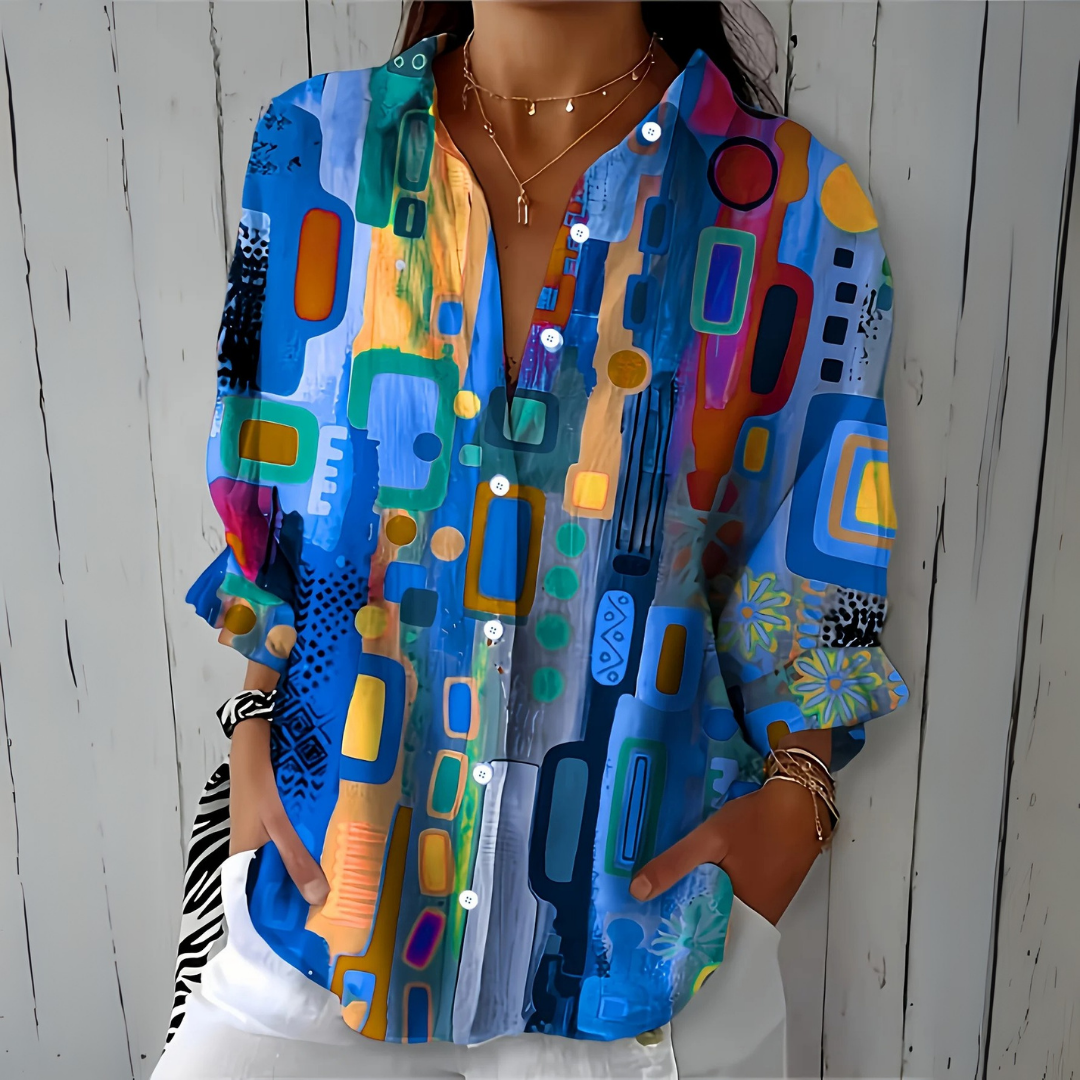 Women's Artistic Patterned Button-Up Blouse with Relaxed Fit 1