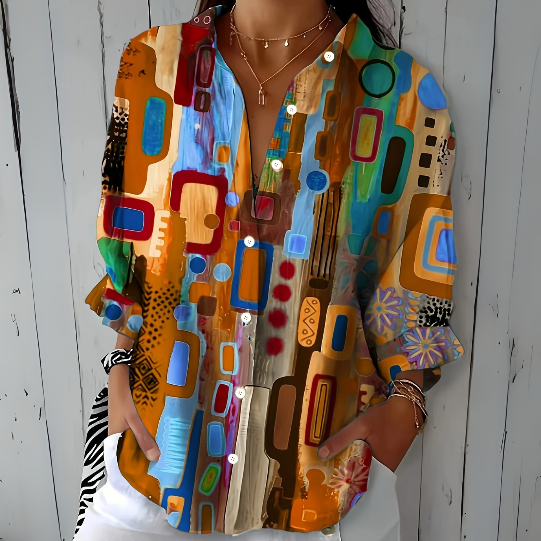 Women's Artistic Patterned Button-Up Blouse with Relaxed Fit 3
