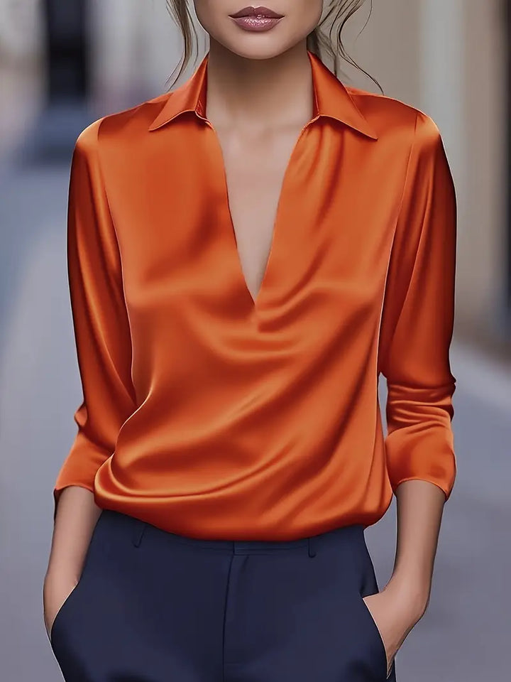 Women's Satin V-Neck Blouse with Draped Collar 9