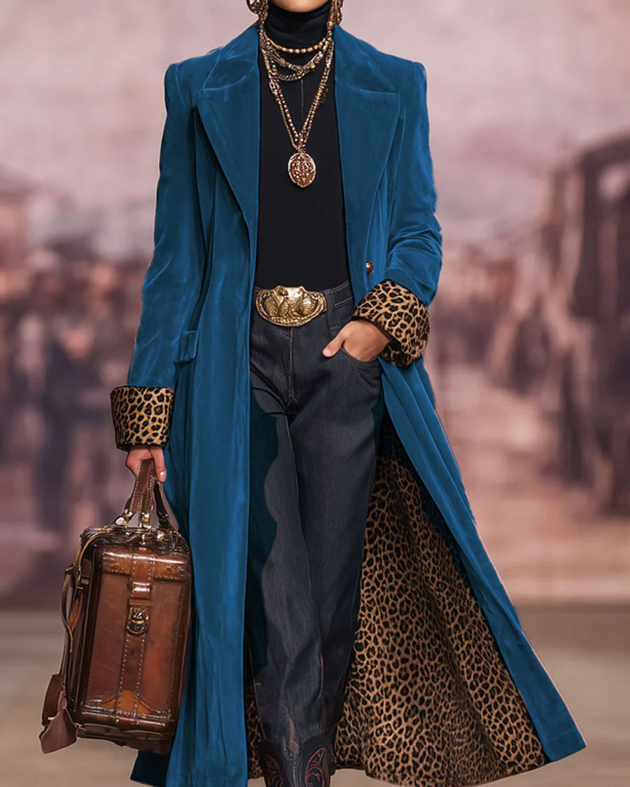 Longline Tailored Velvet-Effect Coat with Leopard-Print Lining 6