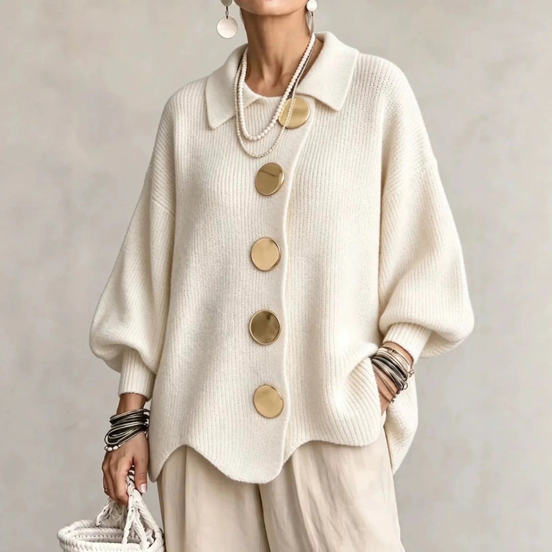 Oversized Scalloped Hem Cardigan with Gold Tone Buttons and Pointed Collar 4