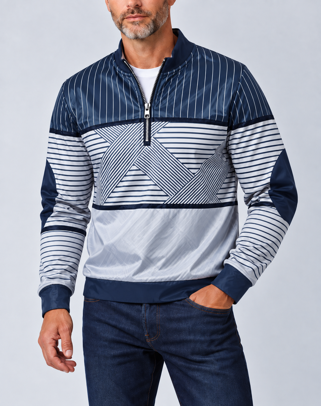 Men's Lightweight Striped Half-Zip Pullover with Long Sleeves 1