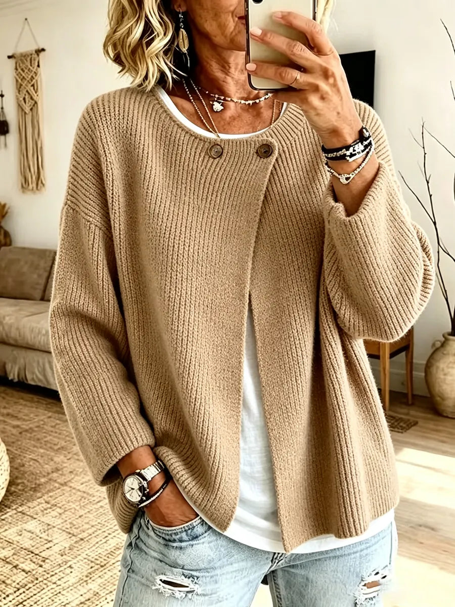 Women's Ribbed Knit Cardigan with Asymmetric Hem and Single Button Front 1